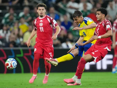 Sweden's Yasin Ayari (18) scores his team's fifth goal during the World Cup Group F soccer match between Sweden and Tunisia in Guadalupe, near Monterrey, Mexico, Sunday, June 14, 2026. (AP Photo/Matias Delacroix)
