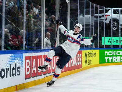 Tinus Luc Koblar of Norway celebrates after 4-5 during the 2026 IIHF Ice Hockey World Championship between Canada and Norway on May 21, 2026 in Fribourg.2026 IIHF Ice Hockey World Championship, Day 7, Canada - Norway, Fribourg, Switzerland - 21 May 2026,Image: 1103052555, License: Rights-managed, Restrictions:, Model Release: no 