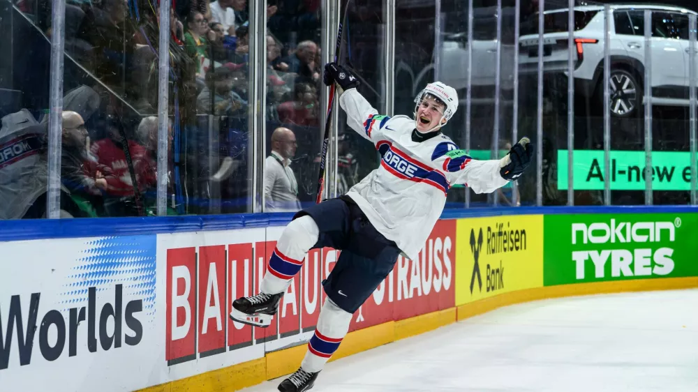 Tinus Luc Koblar of Norway celebrates after 4-5 during the 2026 IIHF Ice Hockey World Championship between Canada and Norway on May 21, 2026 in Fribourg.2026 IIHF Ice Hockey World Championship, Day 7, Canada - Norway, Fribourg, Switzerland - 21 May 2026,Image: 1103052555, License: Rights-managed, Restrictions:, Model Release: no 