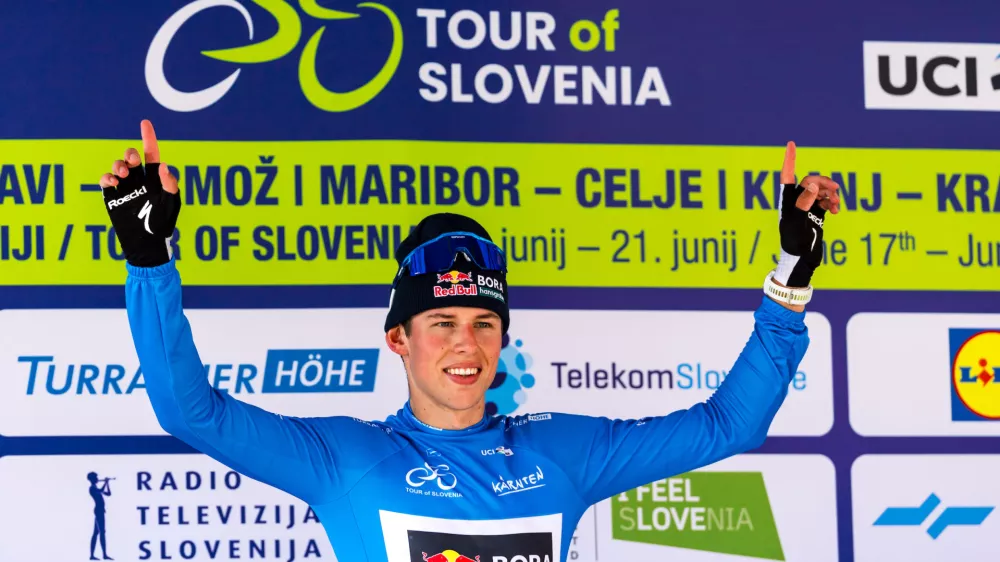 Laurence Pithie (Red Bull - Bora - Hansgrohe / NZL) celebrates during Stage 2 of 32nd Tour of Slovenia 2026 cycling race from Radlje ob Dravi to Ormoz (181,8km), on June 18, 2026 in Slovenia. Photo by Matic Klansek Velej / Sportida