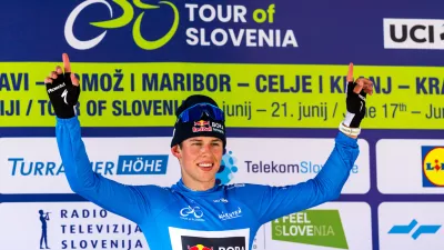 Laurence Pithie (Red Bull - Bora - Hansgrohe / NZL) celebrates during Stage 2 of 32nd Tour of Slovenia 2026 cycling race from Radlje ob Dravi to Ormoz (181,8km), on June 18, 2026 in Slovenia. Photo by Matic Klansek Velej / Sportida