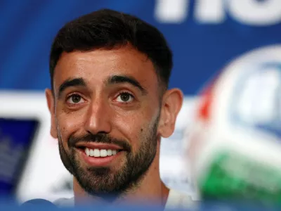 Soccer Football - FIFA World Cup 2026 - Portugal Press Conference - Houston Stadium, Houston, Texas, U.S. - June 16, 2026 Portugal's Bruno Fernandes during the press conference REUTERS/Pedro Nunes