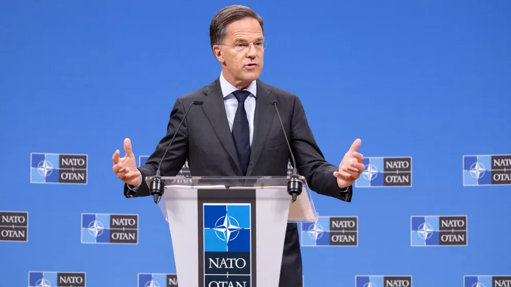 NATO Secretary General Mark Rutte speaks during a pre-ministerial media conference at NATO headquarters in Brussels, Wednesday, June 17, 2026. (AP Photo/Omar Havana)