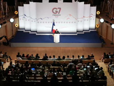 French President Emmanuel Macron speaks during a media conference at the end of the G7 summit in Evian-les-Bains, France, Wednesday, June 17, 2026. (AP Photo/Thibault Camus)