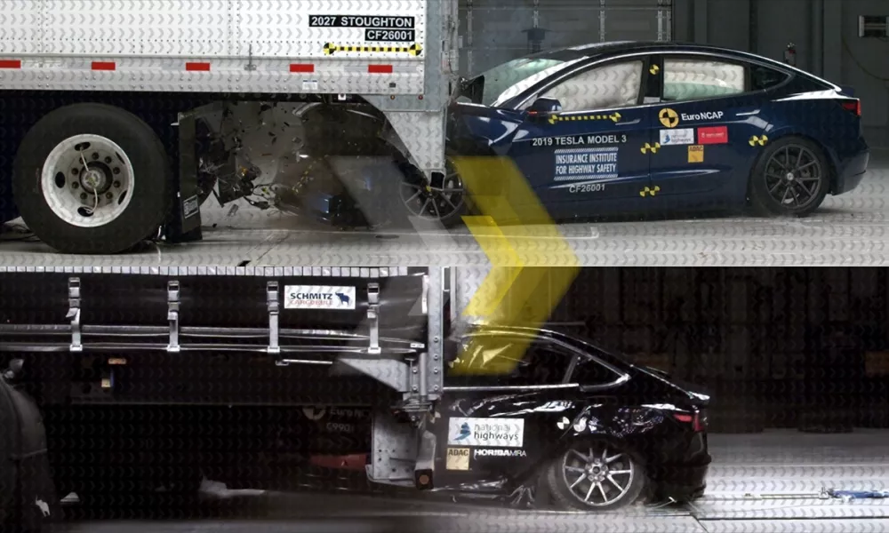 Avtomobil lahko pri trčenju v zadek tovornega vozila podenj dobesedno posesa. / Foto: Euroncap