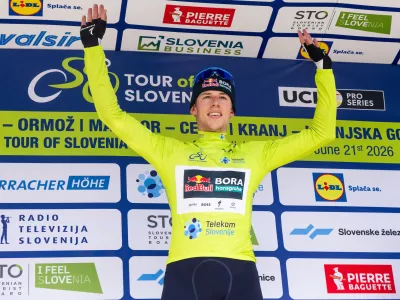 Winner Laurence Pithie (Red Bull - Bora - Hansgrohe / NZL) celebrates during Trophy ceremony after Stage 1 of 32nd Tour of Slovenia 2026 cycling race from Velenje to Rogaska Slatina (141,3km), on June 17, 2026 in Slovenia. Photo by&nbsp;Vid Ponikvar&nbsp;/ Sportida