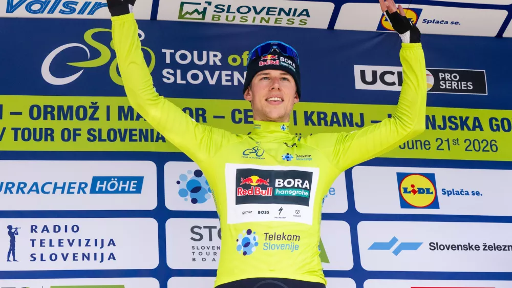 Winner Laurence Pithie (Red Bull - Bora - Hansgrohe / NZL) celebrates during Trophy ceremony after Stage 1 of 32nd Tour of Slovenia 2026 cycling race from Velenje to Rogaska Slatina (141,3km), on June 17, 2026 in Slovenia. Photo by&nbsp;Vid Ponikvar&nbsp;/ Sportida