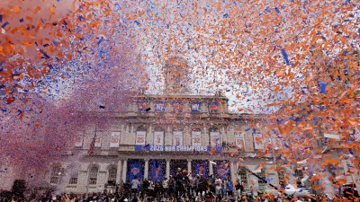 Jun 18, 2026; New York, NY, USA; New York Knicks players and coaches and staff celebrate their NBA championship with New York dignitaries and fans following a ceremony at New York City Hall. Mandatory Credit: Brad Penner-Imagn Images