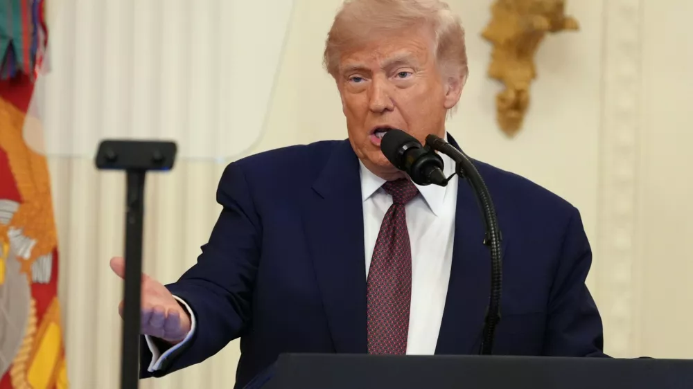President Donald Trump speaks during a Medal of Honor ceremony in the East Room of the White House, Thursday, June 18, 2026, in Washington. (AP Photo/Jacquelyn Martin)