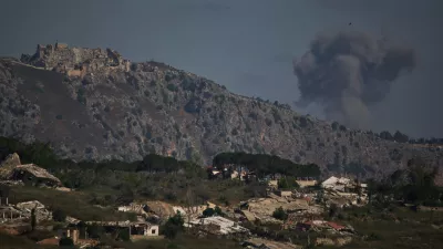 Smoke rises to the sky in an area near Beaufort Castle following an Israeli military strike in southern Lebanon as seen from northern Israel, Friday, June 19, 2026. (AP Photo/Leo Correa)