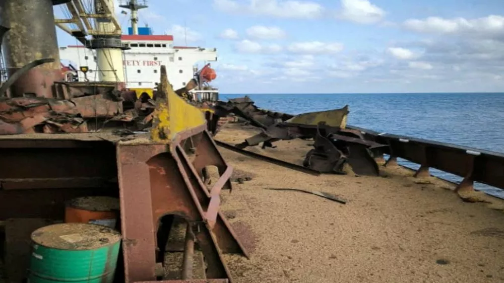 FILE PHOTO: A view shows a damaged civilian cargo vessel, carrying wheat grain to Egypt, which was hit by a Russian missile strike after it left Ukrainian maritime border in the Black Sea, amid Russia's attack on Ukraine, September 12, 2024. Ukrainian Presidential Press Service/Handout via REUTERS ATTENTION EDITORS - THIS IMAGE HAS BEEN SUPPLIED BY A THIRD PARTY./File Photo