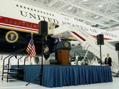 U.S. President Donald Trump delivers a speech as he stands in front of the VC-25B aircraft gifted by Qatar that will be used as Air Force One, at Joint Base Andrews, Maryland, U.S., June 19, 2026. REUTERS/Elizabeth Frantz