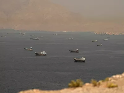 FILE PHOTO: Vessels at the Strait of Hormuz, as seen from Musandam, Oman, June 18, 2026. REUTERS/Stringer/File Photo