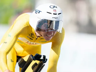 Tadej Pogacar from Slovenia pedals during the fourth stage, a 23,8 km time trial race with start and finish in Aarburg, at the 89th Tour de Suisse UCI World Tour cycling race, Saturday, June 20, 2026. (Urs Flueeler/Keystone via AP)