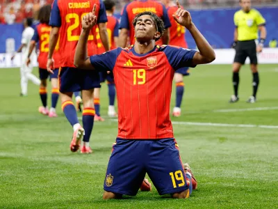 Spain's Lamine Yamal celebrates after scoring his side's opening goal during the World Cup Group H soccer match between Spain and Saudi Arabia in Atlanta, Sunday, June 21, 2026. (AP Photo/Erik S.Lesser)