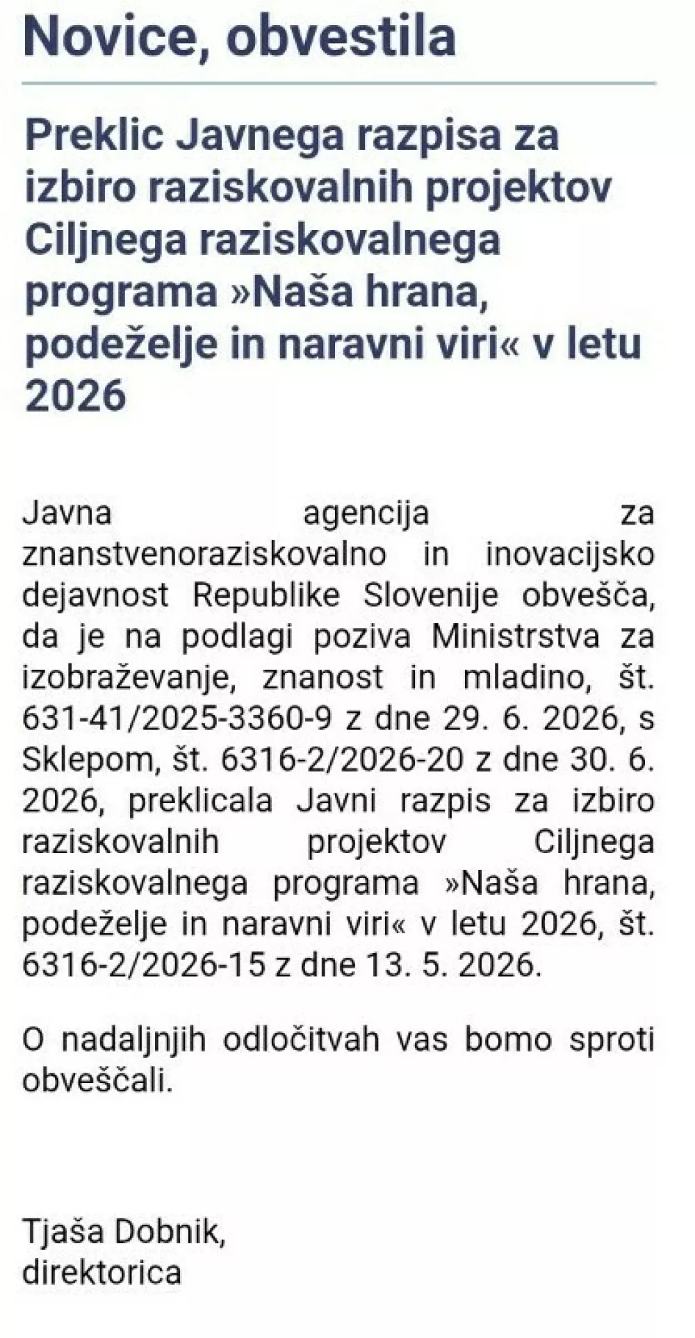 Aris, obvestilo o preklicu javnega razpisa. Foto: zajem zaslona