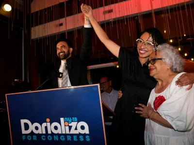 New York City Mayor Zohran Mamdani, celebrates with Democratic congressional candidate Darializa Avila Chevalier and organizer Carmen Rojas during an election night watch party Tuesday, June 23, 2026, in New York. (AP Photo/Seth Wenig)