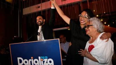 New York City Mayor Zohran Mamdani, celebrates with Democratic congressional candidate Darializa Avila Chevalier and organizer Carmen Rojas during an election night watch party Tuesday, June 23, 2026, in New York. (AP Photo/Seth Wenig)