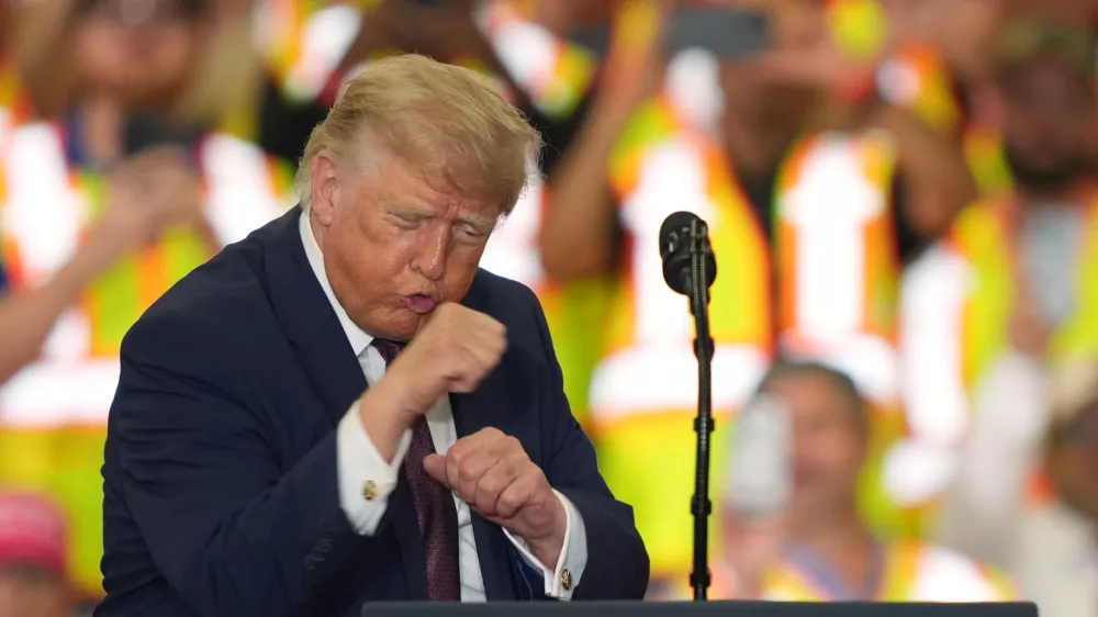 President Donald Trump gestures during a visit to the Lehigh Valley operations facility for Mack Trucks in Macungie, Pa., Tuesday, June 23, 2026. (AP Photo/Matt Rourke)