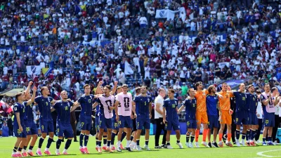 Soccer Football - FIFA World Cup 2026 - Group B - Bosnia and Herzegovina v Qatar - Seattle Stadium, Seattle, Washington, U.S. - June 24, 2026 Bosnia and Herzegovina players celebrate after the match IMAGN IMAGES via Reuters/Blake Dahlin