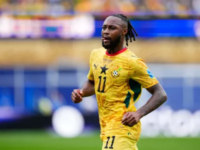 Ghana's Antoine Semenyo (11) reacts during the World Cup Group L soccer match between England and Ghana in Foxborough, Mass., near Boston, Tuesday, June 23, 2026. (AP Photo/Petr David Josek)
