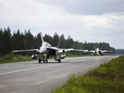 Boeing F/A-18 Hornet multi-role fighters of Finnish Air Force take off on a road strip during NATO's Ramstein Flag 26 exercise in Tervo, Finland on June 10, 2026. The northern part of the Ramstein Flag 26 live-fly exercise will take place in Finland, Sweden, Norway and Denmark from 8 to 19 June 2026.,Image: 1109277659, License: Rights-managed, Restrictions: Finland OUT, Model Release: no 