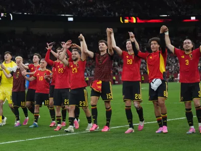 Belgium celebrates the win over New Zealand after their World Cup Group G soccer match in Vancouver, British Columbia, Friday, June 26, 2026. (Darryl Dyck/The Canadian Press via AP)