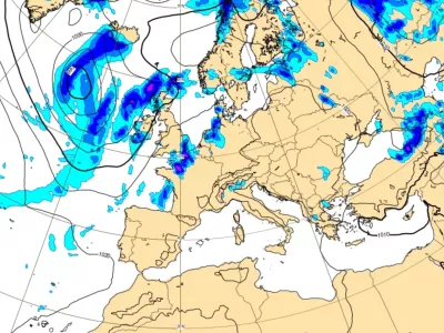 Ilustracija dogajanja v ozračju, iz katere je lepo vedno nastajanje fronte nad Atlantikom. / Foto: Ecmwf