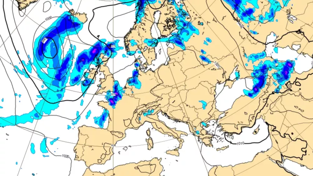 Ilustracija dogajanja v ozračju, iz katere je lepo vedno nastajanje fronte nad Atlantikom. / Foto: Ecmwf