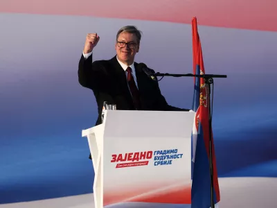 Serbian President Aleksandar Vucic addresses a rally of the ruling Serbian Progressive Party (SNS) in Belgrade, Serbia, Saturday, June 27, 2026. (AP Photo/Darko Vojinovic)
