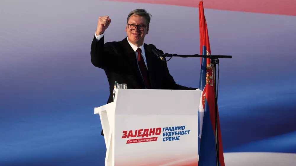 Serbian President Aleksandar Vucic addresses a rally of the ruling Serbian Progressive Party (SNS) in Belgrade, Serbia, Saturday, June 27, 2026. (AP Photo/Darko Vojinovic)