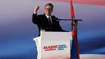Serbian President Aleksandar Vucic addresses a rally of the ruling Serbian Progressive Party (SNS) in Belgrade, Serbia, Saturday, June 27, 2026. (AP Photo/Darko Vojinovic)