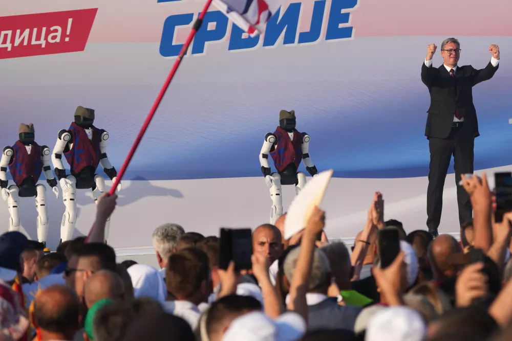 Serbian President Aleksandar Vucic addresses a rally of the ruling Serbian Progressive Party (SNS) in Belgrade, Serbia, Saturday, June 27, 2026, where he announced that he will resign in the coming weeks. (AP Photo/Darko Vojinovic)