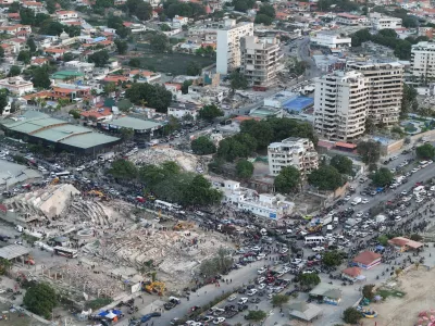 A drone view shows buildings destroyed by earthquakes, in La Guaira, Venezuela, June 26, 2026. Handout via REUTERS ATTENTION EDITORS - THIS IMAGE HAS BEEN SUPPLIED BY A THIRD PARTY NO RESALES. NO ARCHIVES