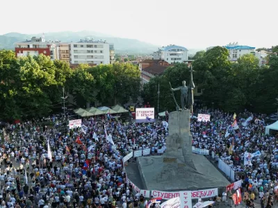 A drone picture shows people gathering for a protest, as part of a nationwide anti-government movement triggered by the deadly collapse of the Novi Sad railway station canopy in November 2024, following Serbian President Aleksandar Vucic's resignation announcement, in Kraljevo, Serbia, June 28, 2026. REUTERS/Djordje Kojadinovic