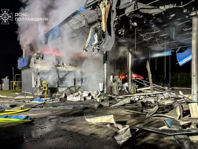 In this photo provided by the Ukrainian Emergency Services on Monday, June 29, 2026, a rescue worker puts out a fire of petrol station damaged by a Russian strike on Poltava region, Ukraine. (Ukrainian Emergency Service via AP)