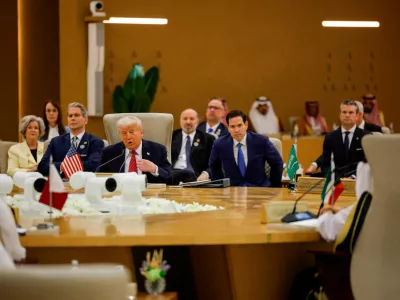 FILE PHOTO: U.S. President Donald Trump speaks at the Gulf Cooperation Council (GCC), in front of U.S. Secretary of State Marco Rubio and Defense Secretary Pete Hegseth, in Riyadh, Saudi Arabia, May 14, 2025. REUTERS/Brian Snyder/File Photo