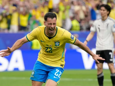 Brazil's Gabriel Martinelli (22) celebrates after scoring his side's second goal during the World Cup round of 32 soccer match between Brazil and Japan in Houston, Monday, June 29, 2026. (AP Photo/Ashley Landis)