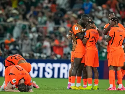 Netherlands players react following the World Cup round of 32 soccer match between the Netherlands and Morocco in Guadalupe, near Monterrey, Mexico, Monday, June 29, 2026. (AP Photo/Ricardo Mazalan)