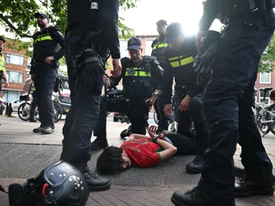 Moroccan fan celebrates after a World Cup soccer match between the Netherlands and Morocco in The Hague, Netherlands, Tuesday, June30, 2026. (AP Photo/Mouneb Taim)