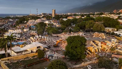 This aerial view shows destroyed buildings in Caraballeda, La Guaira State, Venezuela, on Monday, June 29, 2026, following two major earthquakes. (Miguel Medina/Pool Photo via AP)