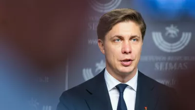 Newly elected Lithuania's Prime Minister Mindaugas Sinkevicius speaks to the media at the Parliament in Vilnius, Lithuania, Tuesday, June 30, 2026. (AP Photo/Mindaugas Kulbis)