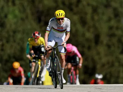 Cycling - Tour de France - Stage 3 - Granollers to Les Angles - Les Angles, France - July 6, 2026 UAE Team Emirates - XRG's Tadej Pogacar crosses the finish line to win stage 3 REUTERS/Stephanie Lecocq