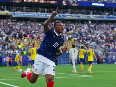 Soccer Football - FIFA World Cup 2026 - Round of 32 - France v Sweden - New York New Jersey Stadium, East Rutherford, New Jersey, U.S. - June 30, 2026 France's Kylian Mbappe celebrates scoring their third goal IMAGN IMAGES via Reuters/Vincent Carchietta