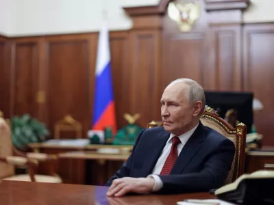 Russian President Vladimir Putin speaks during his interview with Russian journalist Pavel Zarubin at the Kremlin in Moscow, Sunday, June 28, 2026. (Gavriil Grigorov/Sputnik, Kremlin Pool Photo via AP)