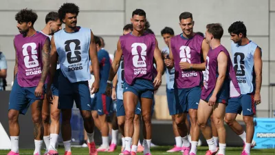 Soccer Football - FIFA World Cup 2026 - Portugal Training - Centennial Park, Toronto, Canada - July 1, 2026 Portugal's Cristiano Ronaldo with teammates during training IMAGN IMAGES via Reuters/Kevin Sousa