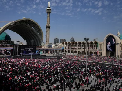 Mourners attend the start of the dayslong funeral ceremonies for slain Iranian Supreme Leader Ayatollah Ali Khamenei and members of his family at the Imam Khomeini Mosalla Grand Mosque in Tehran, Iran, Saturday, July 4, 2026. (AP Photo/Altaf Qadri)