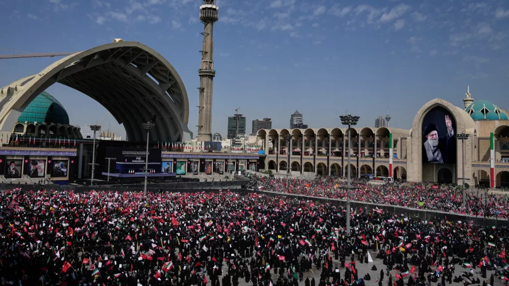 Mourners attend the start of the dayslong funeral ceremonies for slain Iranian Supreme Leader Ayatollah Ali Khamenei and members of his family at the Imam Khomeini Mosalla Grand Mosque in Tehran, Iran, Saturday, July 4, 2026. (AP Photo/Altaf Qadri)