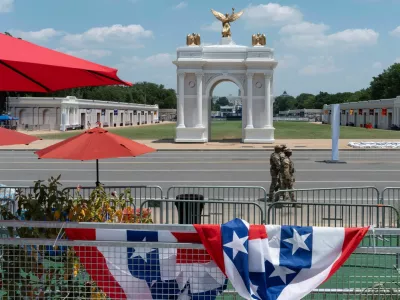National Guard members patrol the National Mall in Washington, D.C., U.S., after the Great American State Fair was temporarily closed due to heat, July 3, 2026. REUTERS/Cheney Orr