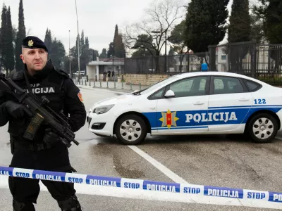 Police guard the United States embassy building in Podgorica, Montenegro, February 22, 2018. REUTERS/Stevo Vasiljevic